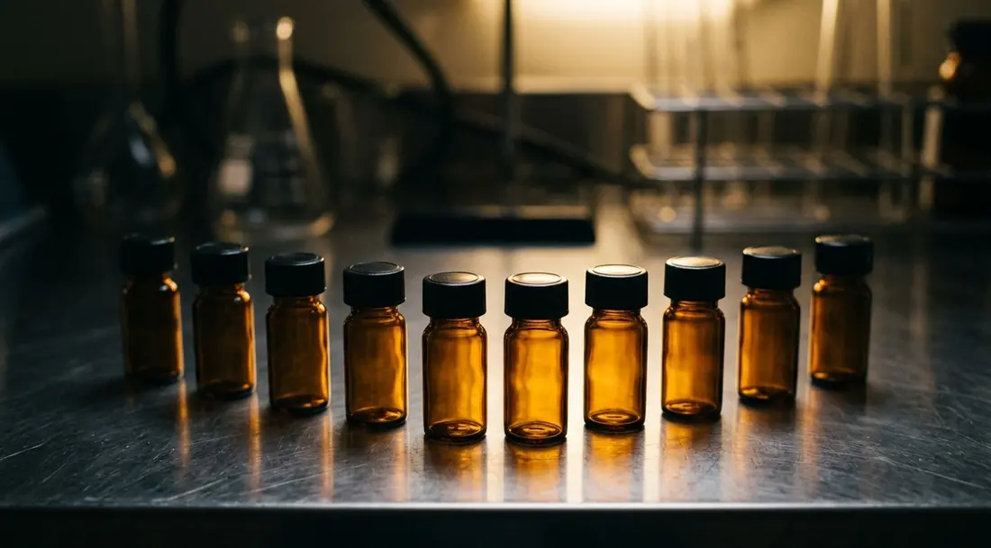 Frascos de laboratorio de vidrio ámbar sobre una mesa de acero